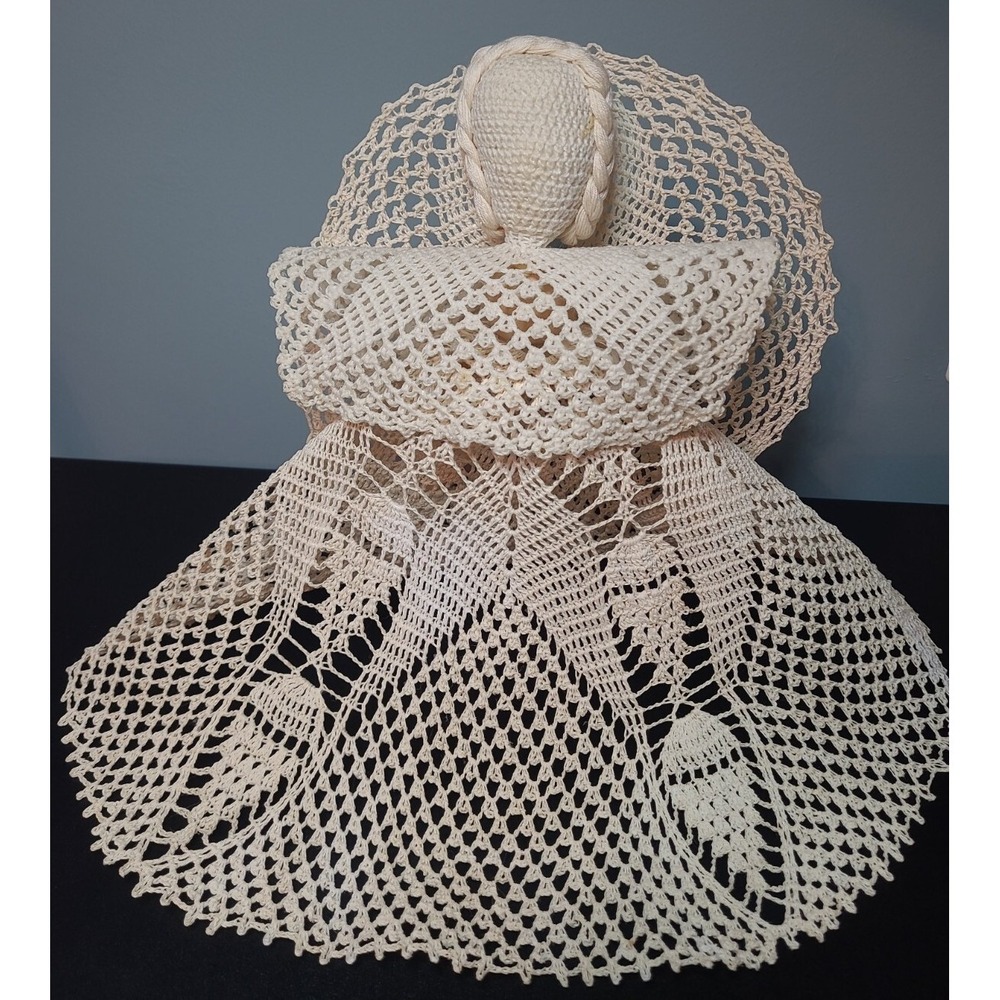 Vintage Hand Crochet 12" Tall Starched Lace Angel Christmas Tree Topper Ornament